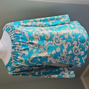 Talbots Teal Bateau Pleated Neck Top with White, Teal And Tan Floral Design - S
